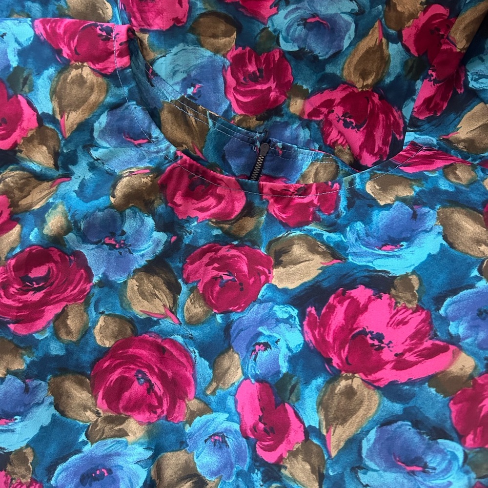 Vintage 60s Dress Handmade Midi Blue Pink Floral w Belt Garden Winter Fall - Picture 13 of 13